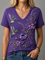Damen-T-Shirt mit violetter Blumen- und Kolibri-Print-Aufschrift zur Sensibilisierung für Alzheimer, V-Ausschnitt