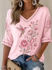 Frauen rosa Blumen-und Kolibri druck Brustkrebs-Sensi bilisierung mit halben Ärmeln V-Ausschnitt T-Shirt