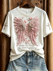 Damen-Oberteil „Unter seinen Flügeln findest du Zuflucht“ mit Blumenflügel- und Kreuz-Print, kurzärmeliges T-Shirt