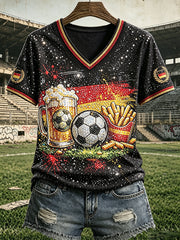 Damen-T-Shirt in Schwarz mit deutschem Fußball- und Paillettenprint, lässiger V-Ausschnitt
