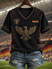 Damen-Fußball-T-Shirt in Deutschland-Optik mit V-Ausschnitt und schulterfreiem, kurzärmeligem Design