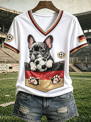 Damenweißes, lässiges V-Ausschnitt-T-Shirt mit niedlichem deutschen Fußball-Welpen-Print