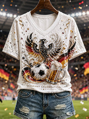 Damen-Fußball-T-Shirt in Deutschland-Optik mit V-Ausschnitt und schulterfreiem, kurzärmeligem Design