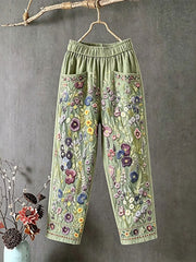 Elegante Damen-Hose aus Baumwolle und Leinen mit Blumenmuster