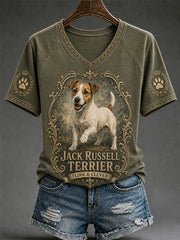 Damen-Retro-T-Shirt mit Hunde-Print und V-Ausschnitt, lässig geschnitten