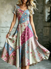 Elegantes Damenkleid aus Baumwolle und Leinen mit Blumenmuster