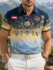 Herren-Polo mit kunstvoller Gedenkdruckdarstellung eines österreichischen Naturlandschaftselements