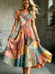Elegantes Damenkleid aus Baumwolle und Leinen mit Blumenmuster