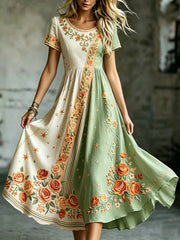 Elegantes Damenkleid aus Baumwolle und Leinen mit Blumenmuster
