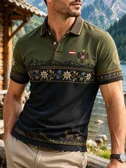 Herren-Polo mit kunstvoller Gedenkdruckdarstellung eines österreichischen Naturlandschaftselements
