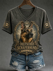 Damen-Retro-T-Shirt mit Hunde-Print und V-Ausschnitt, lässig geschnitten