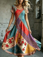 Elegantes Damenkleid aus Baumwolle und Leinen mit Blumenmuster