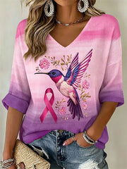Frauen Rosa Blumen & Kolibri Druck Brustkrebs Bewusstsein Unterstützung Waffel T-Shirt