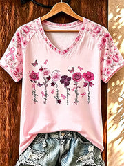 T-Shirt mit V-Ausschnitt, Brustkrebs-Bewusstsein, rosa Band und Blumen druck