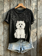 Damen-T-Shirt mit Blumen druck mit weißen weißen Hunden