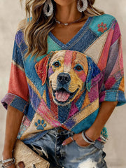 Damen-T-Shirt mit Hunde-Print, mittellange Ärmel und V-Ausschnitt