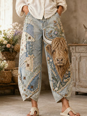 Damen Vintage Highland Kuh Collage Kunstdruck Ausgestellte Hose