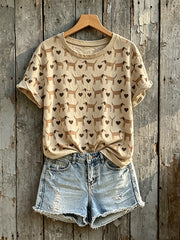 Frauen reizender Hund mit Herz-Kunst-Muster-Print Kurzarm-T-Shirt