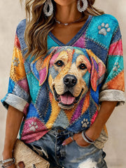 Damen-T-Shirt mit Hunde-Print, mittellange Ärmel und V-Ausschnitt