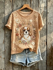 Damen Blumen Cavalier King Charles Spaniel Print Kurzarm T-Shirt