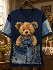 Damen Vintage Jeans Patchwork Bär V-Ausschnitt T-Shirt
