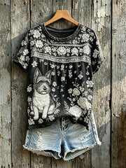 Kurzärmliges T-Shirt mit Blumen druck für Damen niedlicher Terrier für Hunde kunst
