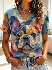 Damen-T-Shirt mit Kunst- und Hundeprint sowie V-Ausschnitt