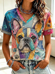 Damen-T-Shirt mit Kunst- und Hundeprint sowie V-Ausschnitt