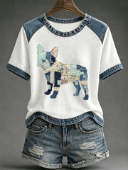 Damen-Damen-Plaid-Denim-Hund-Kunst-Waffel-Print-T-Shirt