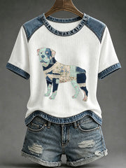 Damen-Floral-Karo-Denim-Hundekunst-Waffelprint-Lässiges T-Shirt
