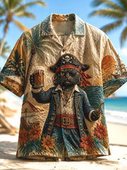 Herren-Skull-Piraten-Katzen-Kapitän-Urlaubs-Drinks-Kunstdruck-Shirt