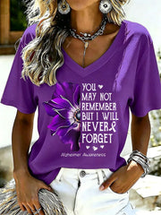 Damen-T-Shirt mit violetter Blumen- und Alzheimer-Aufklärungs-Print-Optik, V-Ausschnitt