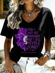 Damen-T-Shirt mit violetter Blumen- und Alzheimer-Aufklärungs-Print-Optik, V-Ausschnitt