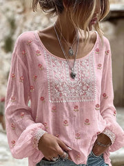 Frauen Brustkrebs-Rosa Blumen-Print Baumwoll-Leinen-Shirt