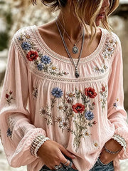 Damen Retro Floral Art Print Casual Baumwolle Leinen Top