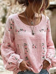 Damen-Hemd aus Baumwolle-Leinen mit rosa Blumenmuster zum Thema Brustkrebs