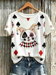 Damen-Poker-T-Shirt mit Katzenmuster, lässig und gewaschen