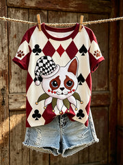 Damen-Poker-T-Shirt mit Katzenmuster, lässig und gewaschen