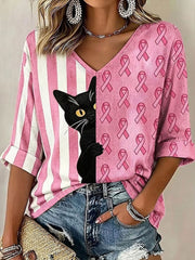 Frauen Brustkrebs band Katzen druck Mittellänge Ärmel V-Ausschnitt T-Shirt
