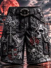 Herren Gothic Schädel Rot Rose Kreuz Kunstdruck Freizeit Shorts