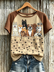 Rundhals-T-Shirt mit Hundeprint und Damenpassform, kurze Ärmel