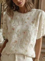 Damen-Retro-Top aus Baumwolle und Leinen mit floraler Kunstprint-Optik, lässig geschnitten