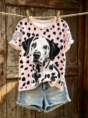 Rundhals-T-Shirt mit Hundeprint und Damenpassform, kurze Ärmel