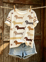 Rundhals-T-Shirt mit Hundeprint und Damenpassform, kurze Ärmel