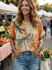 Damen-Retro-Top aus Baumwolle und Leinen mit floraler Kunstprint-Optik, lässig geschnitten