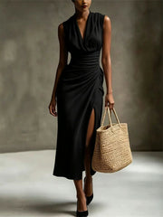 Damen Classy Cowl Neck Side Slit Maxi Leinen Kleid