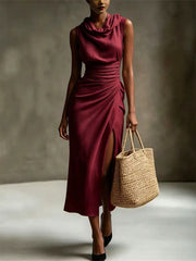 Damen Classy Cowl Neck Side Slit Maxi Leinen Kleid