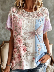 Damen Retro Floral Print Kunstdruck Casual T-Shirt
