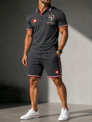 Herren-Kurzarm-Polo-Shirt und Shorts mit Fußball-Themen-Print