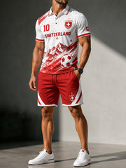 Herren-Poloshirt mit kurzen Ärmeln und Shorts-Set mit Fußballmotiv
